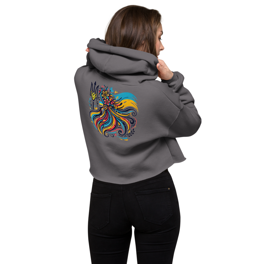 Women's Hoodie with Tryzub on Front and Floral Lady Design on Back – Stylish Blue and Yellow Ukrainian Patriotism Sweatshirt