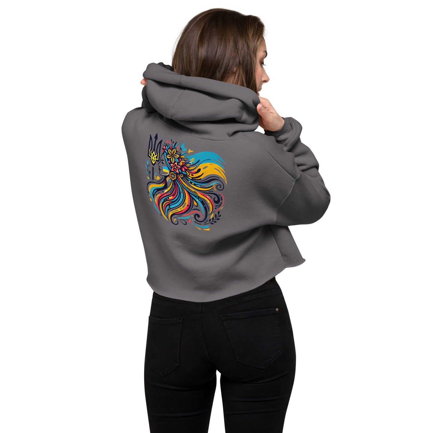 Women's Hoodie with Tryzub on Front and Floral Lady Design on Back – Stylish Blue and Yellow Ukrainian Patriotism Sweatshirt