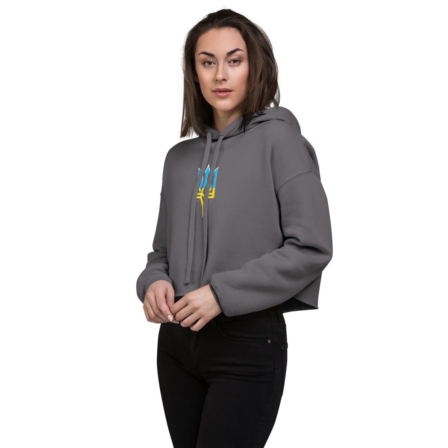 Women's Hoodie with Tryzub on Front and Floral Lady Design on Back – Stylish Blue and Yellow Ukrainian Patriotism Sweatshirt