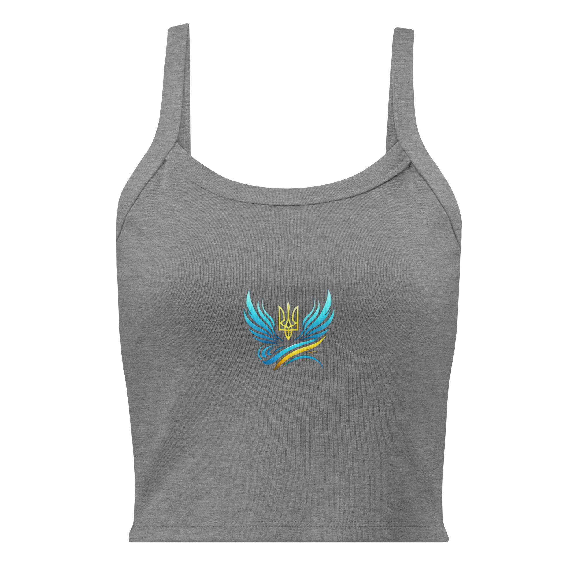 Gray women's micro-rib tank top with Ukrainian Trizub design, part of the Ukrainian Vibe Trizub Collection.