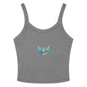Gray women's micro-rib tank top from Ukrainian Vibe Trizub Collection with embroidered design, featuring thick straps and chic style.
