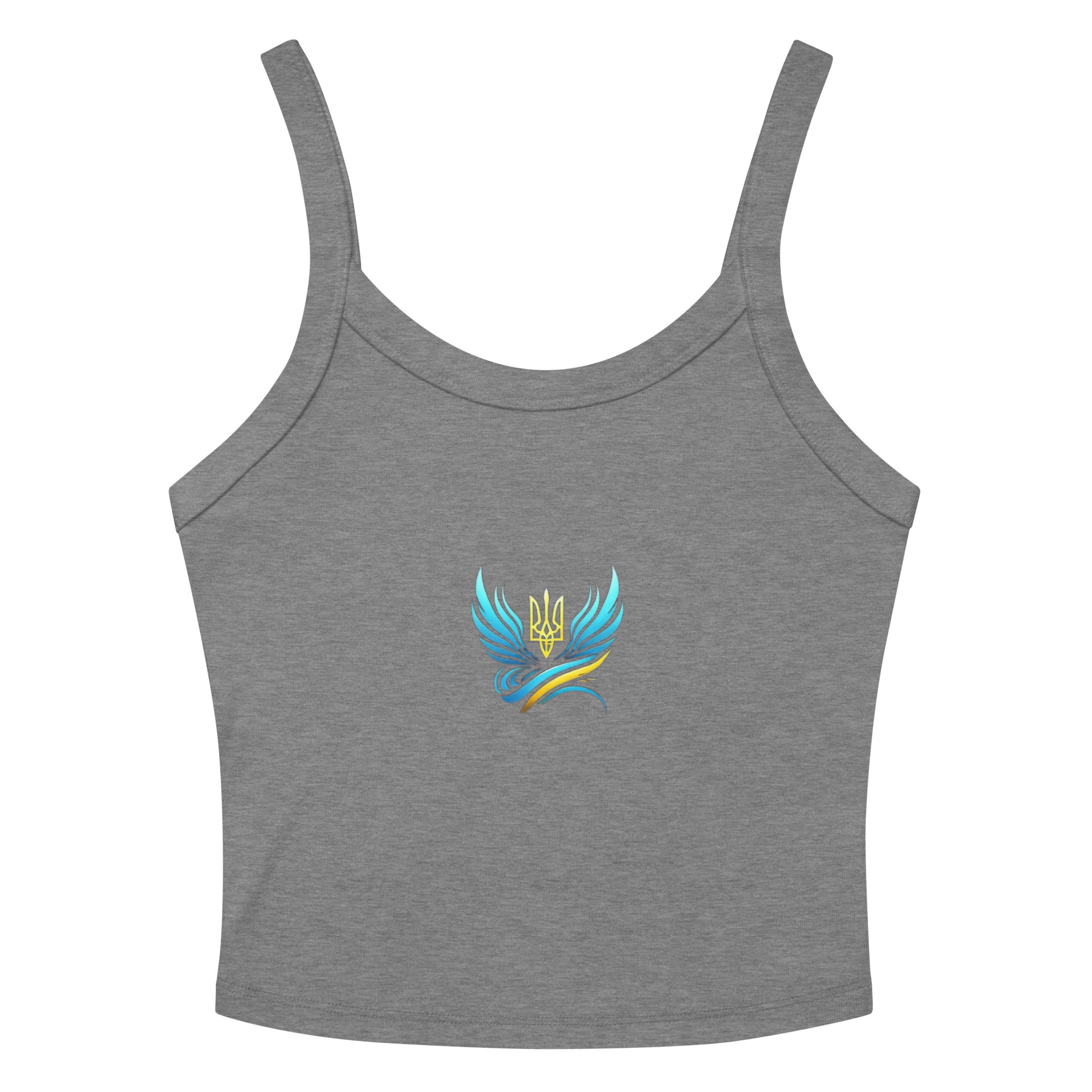 Gray women's micro-rib tank top from Ukrainian Vibe Trizub Collection with embroidered design, featuring thick straps and chic style.