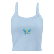 Light blue women's micro-rib tank top from Ukrainian Vibe Trizub Collection featuring a stylish trident emblem design.