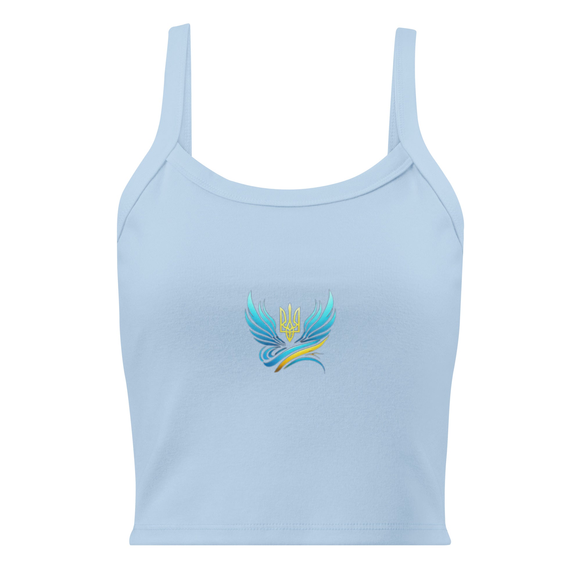 Light blue women's micro-rib tank top from Ukrainian Vibe Trizub Collection featuring a stylish trident emblem design.