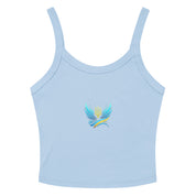 Light blue women's micro-rib tank top from Ukrainian Vibe Trizub Collection with stylish emblem, thick straps, and mid-length cut.