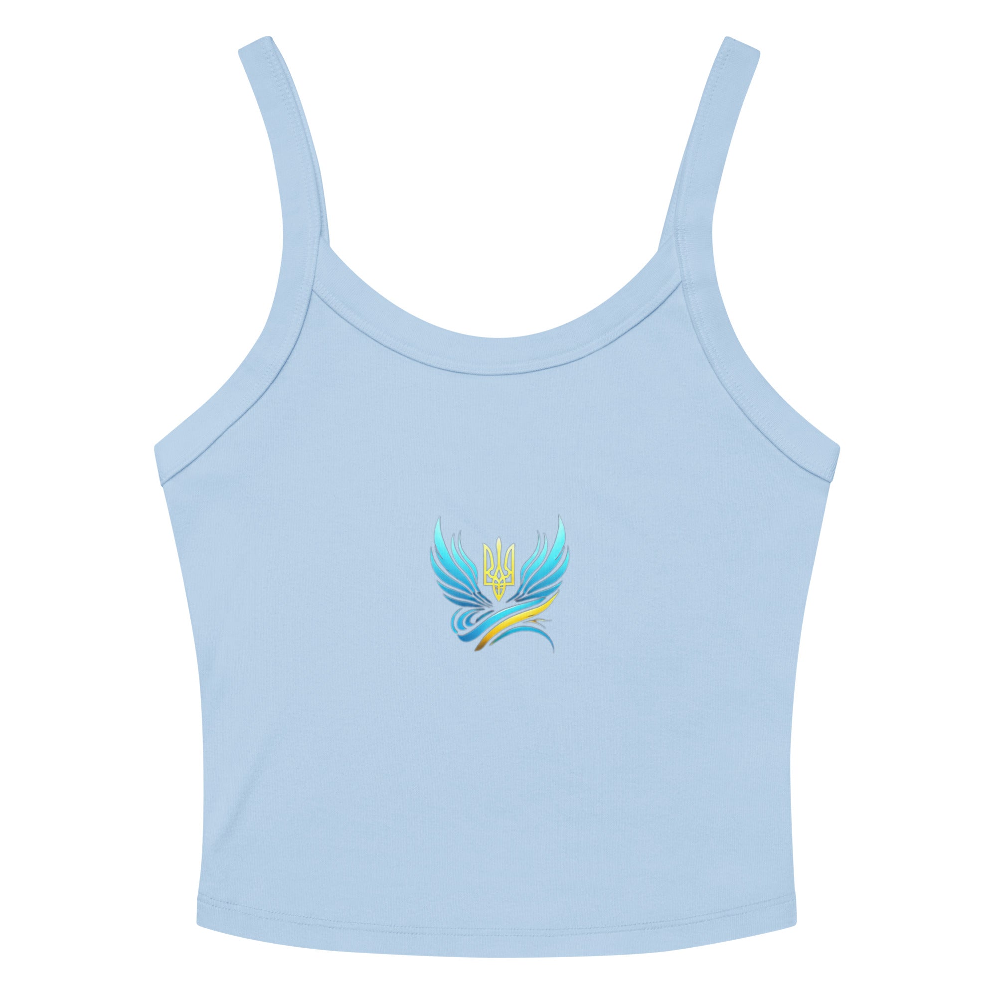 Light blue women's micro-rib tank top from Ukrainian Vibe Trizub Collection with stylish emblem, thick straps, and mid-length cut.