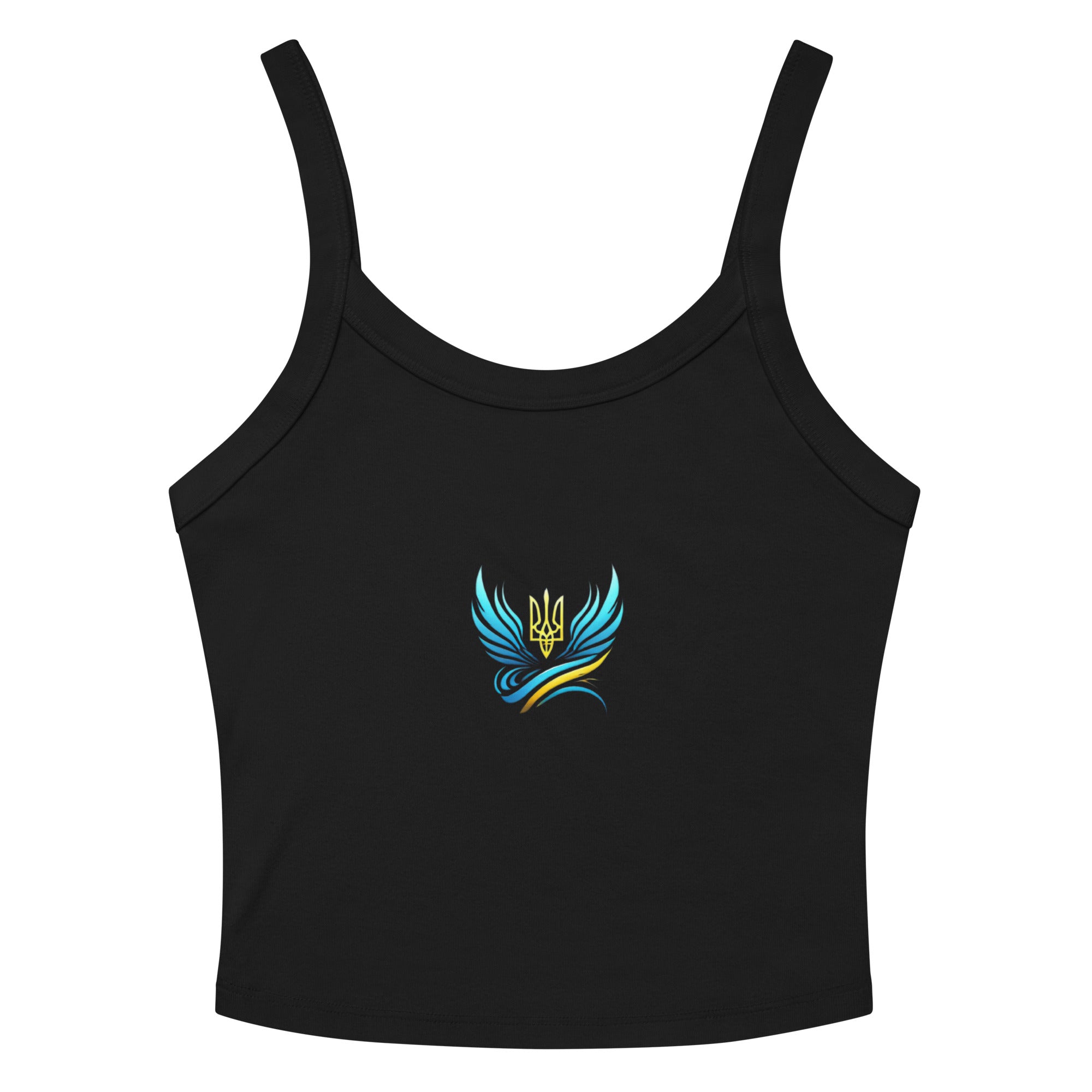 Black Ukrainian Vibe Trizub Collection women's micro-rib tank top with sleek design and trident emblem.