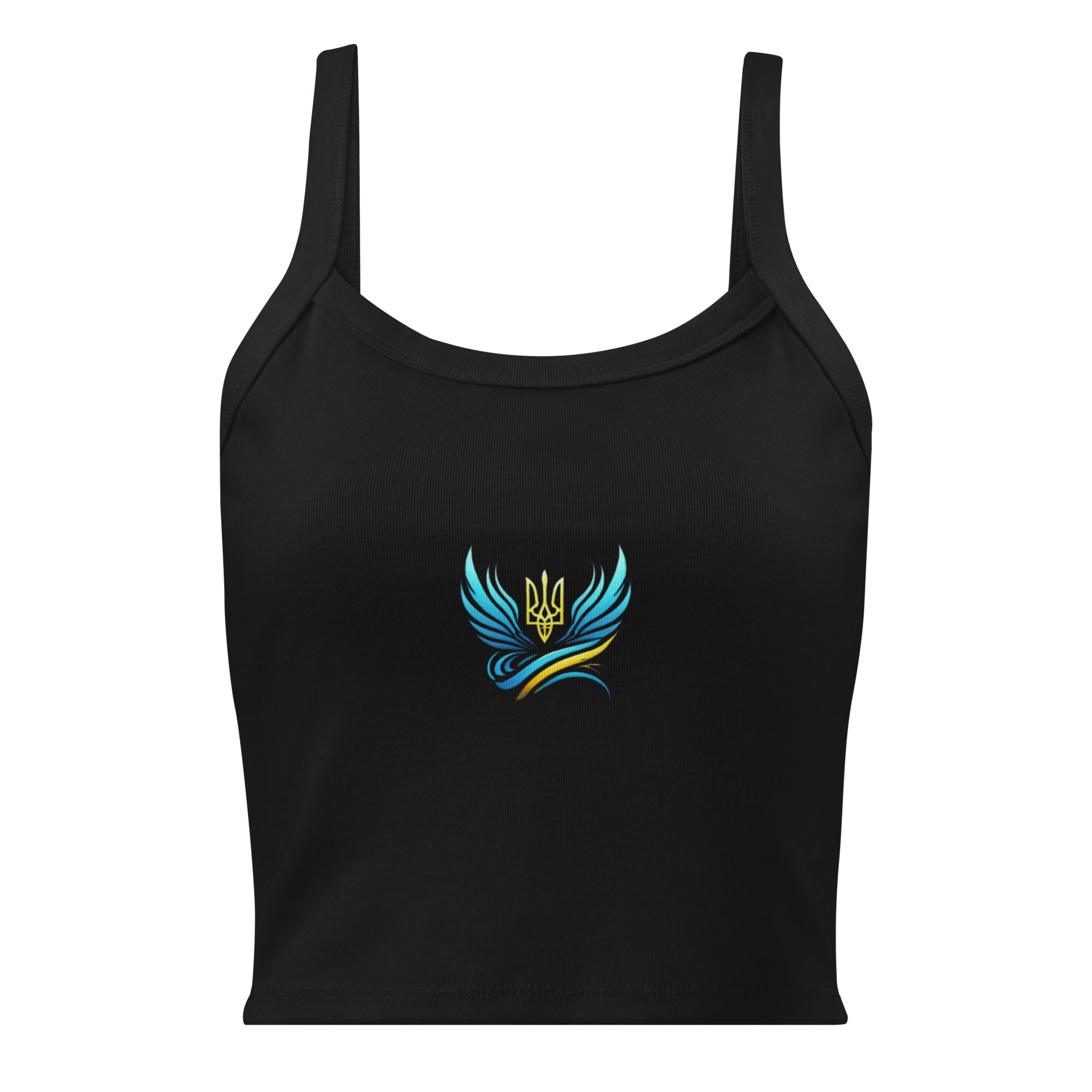 Black women's micro-rib tank top from Ukrainian Vibe Trizub Collection with blue and yellow Trizub emblem on the front.