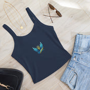 Women's micro-rib tank top from Ukrainian Vibe Trizub Collection with Trizub design, styled with jeans and accessories on wooden floor.