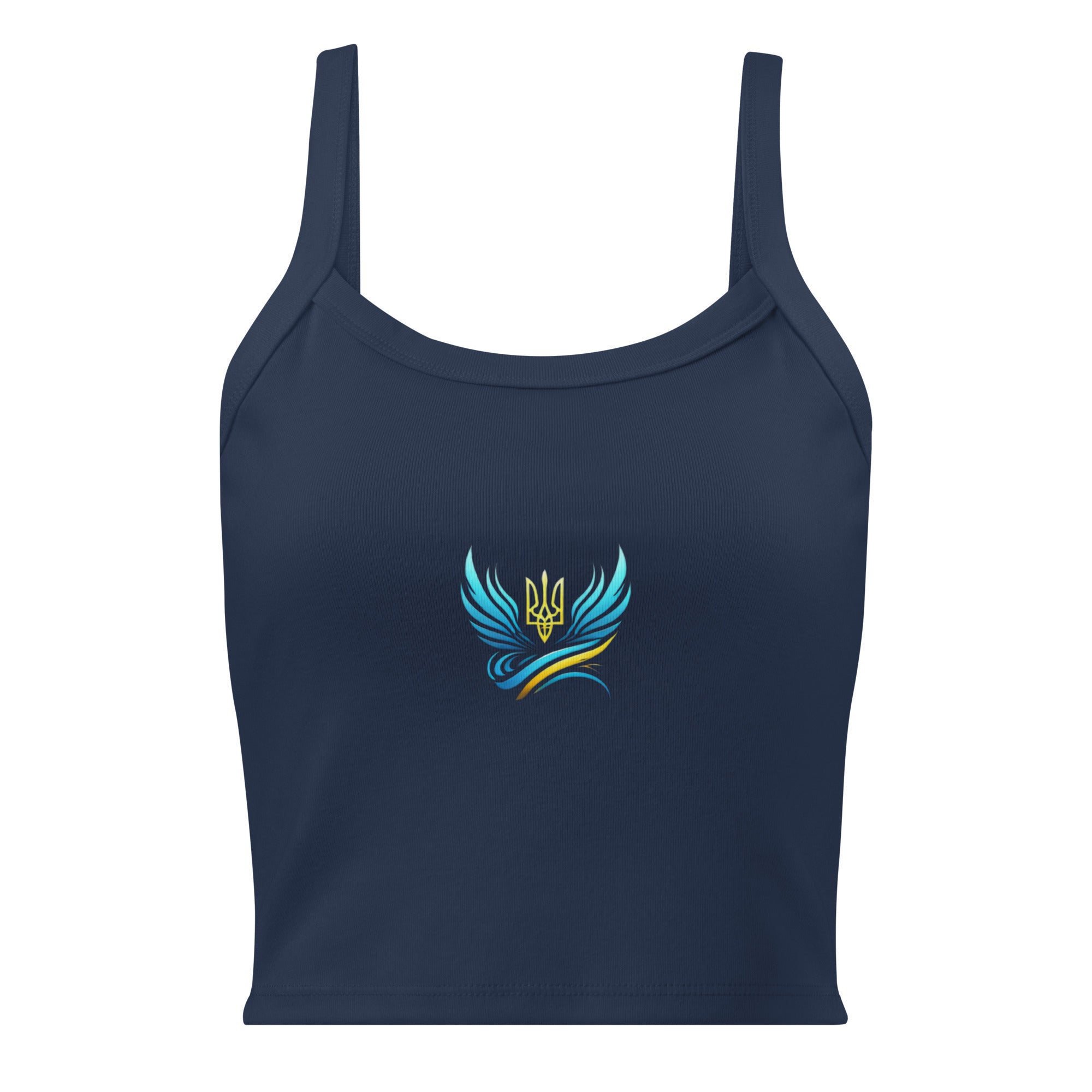 Women's micro-rib tank top from Ukrainian Vibe Trizub Collection with Trident design, navy blue, thick straps.