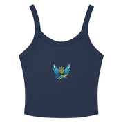 Women's navy tank top from Ukrainian Vibe Trizub Collection with stylish blue and yellow trident design on front.