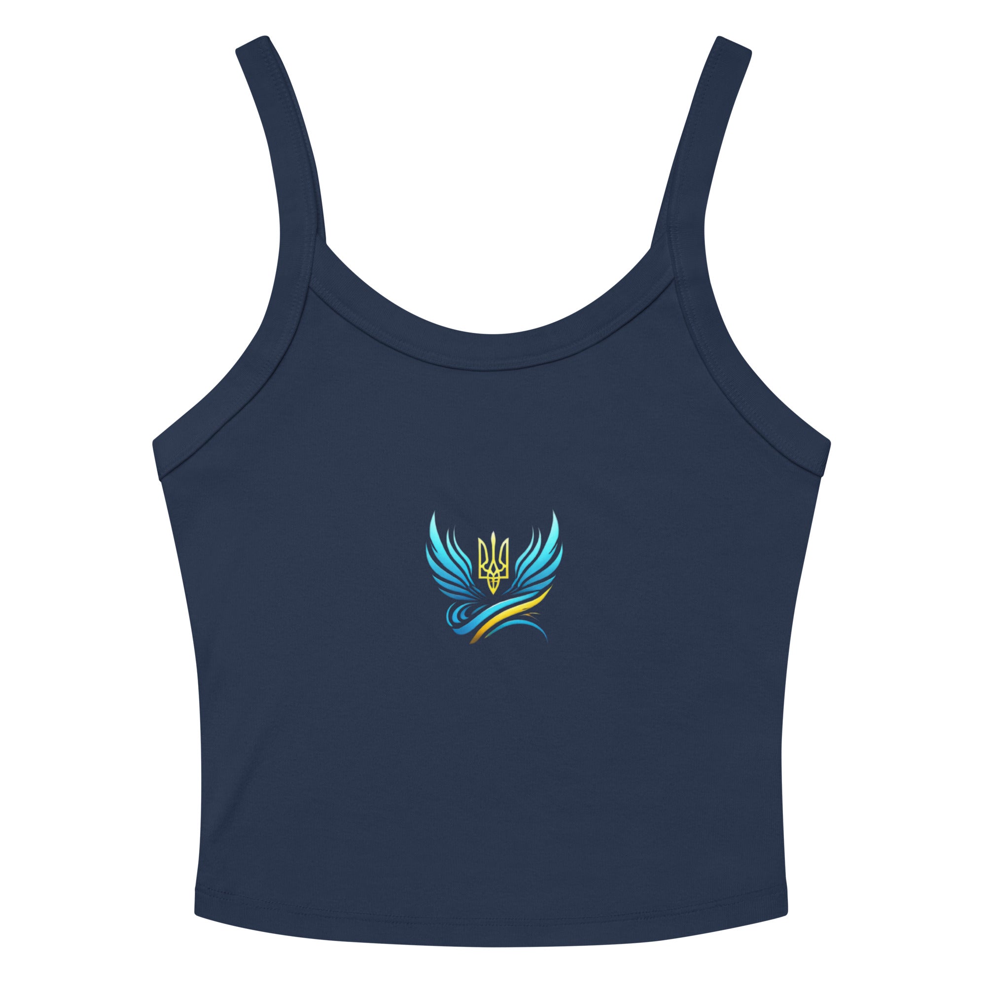 Women's navy tank top from Ukrainian Vibe Trizub Collection with stylish blue and yellow trident design on front.