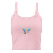 Pink micro-rib tank top from Ukrainian Vibe Trizub Collection, featuring an embroidered trident design.