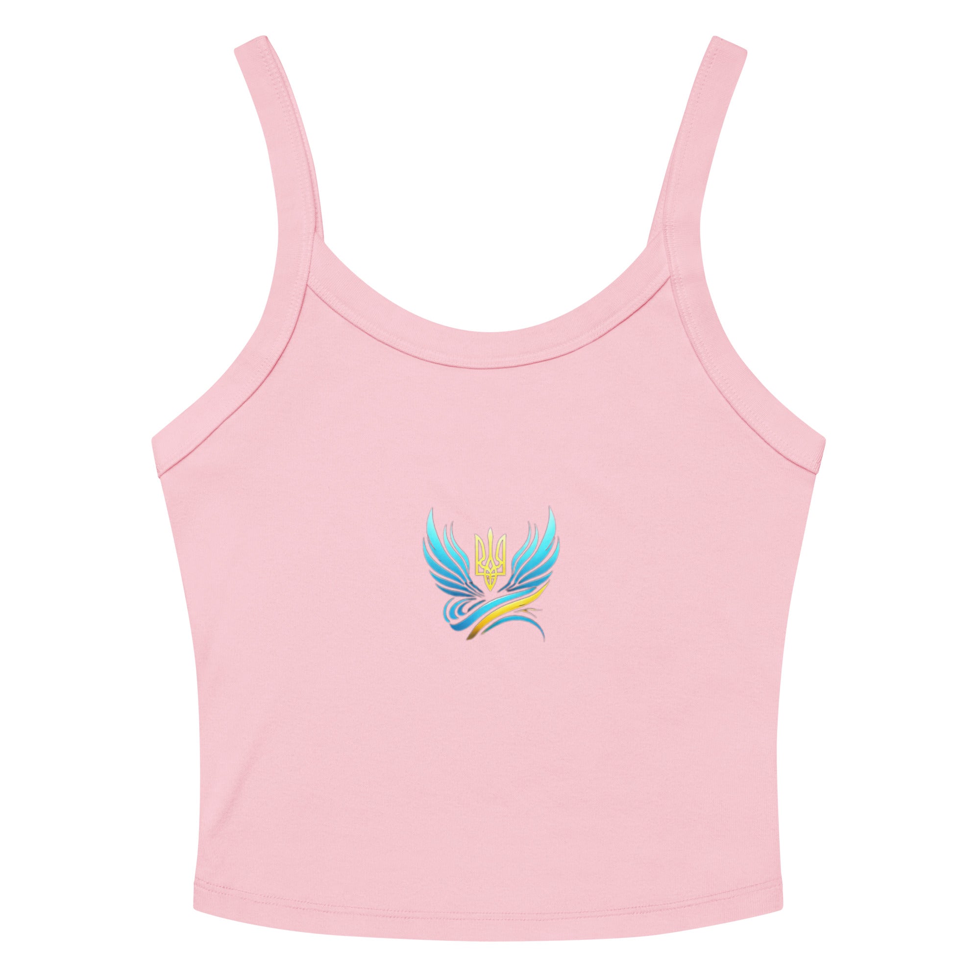 Pink Ukrainian Vibe Trizub micro-rib tank top with embroidered Trident emblem on front, featuring thick straps and mid-length cut.