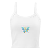 White micro-rib tank top from Ukrainian Vibe Trizub Collection with embroidered Trizub symbol, featuring thick straps and mid-length cut.