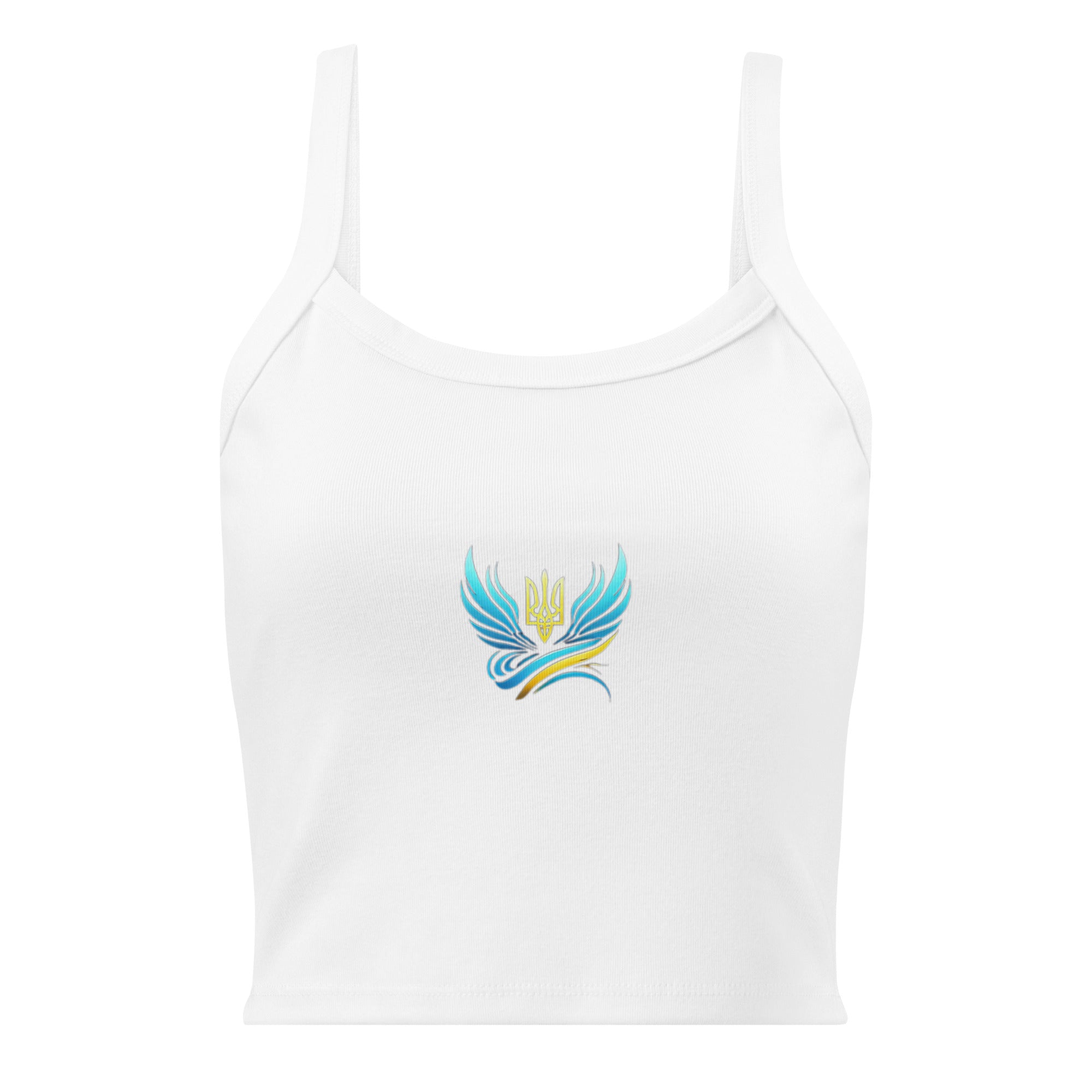 White micro-rib tank top from Ukrainian Vibe Trizub Collection with embroidered Trizub symbol, featuring thick straps and mid-length cut.