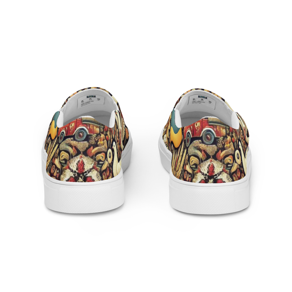 Women’s slip-on canvas shoes with vibrant Ukrainian symbolic design, featuring colorful patterns and rubber outsoles, rear view.
