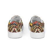 Women’s slip-on canvas shoes with vibrant Ukrainian symbolic design, featuring colorful patterns and rubber outsoles, rear view.