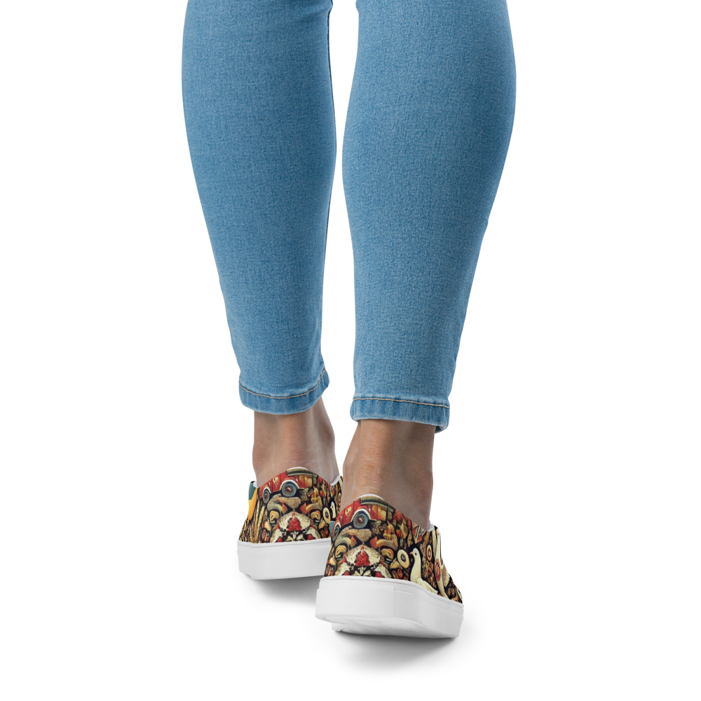 Woman wearing slip-on canvas shoes with colorful Ukrainian symbolic design, shown from the back for stylish and comfortable fit.