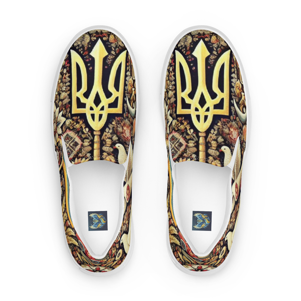 Women's slip-on canvas shoes with Ukrainian symbolic design, featuring a bold trident motif and cultural pattern.