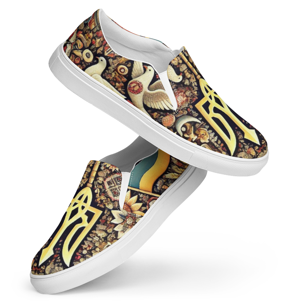 Women's slip-on canvas shoes with Ukrainian symbolic design, featuring breathable lining, padded collar, and striking patterns.