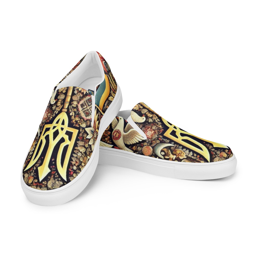 Women's slip-on canvas shoes with vibrant Ukrainian symbolic design, soft insoles, and rubber outsoles for comfort and style.