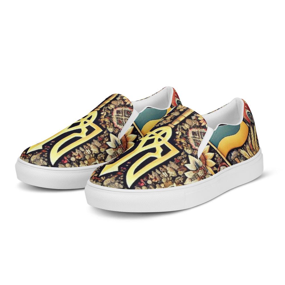Women's slip-on canvas shoes with Ukrainian symbolic design, featuring a vibrant pattern, rubber outsoles, and comfortable fit.