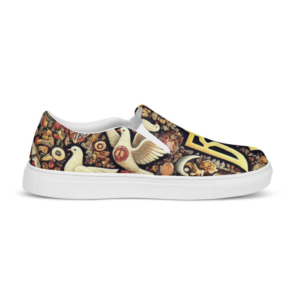 Women's slip-on canvas shoes with Ukrainian symbolic design featuring birds and floral patterns.