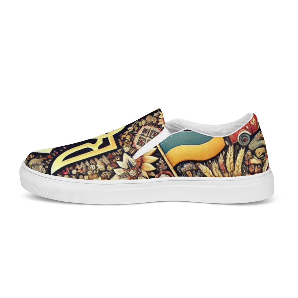 Women's slip-on canvas shoe with vibrant Ukrainian symbolic design, featuring a striking pattern and comfortable fit.