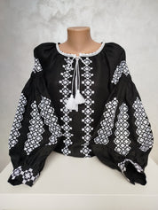 Women's Ukrainian Vyshyvanka, black homespun fabric with white embroidery, traditional blouse, machine cross-stitch silk threads.
