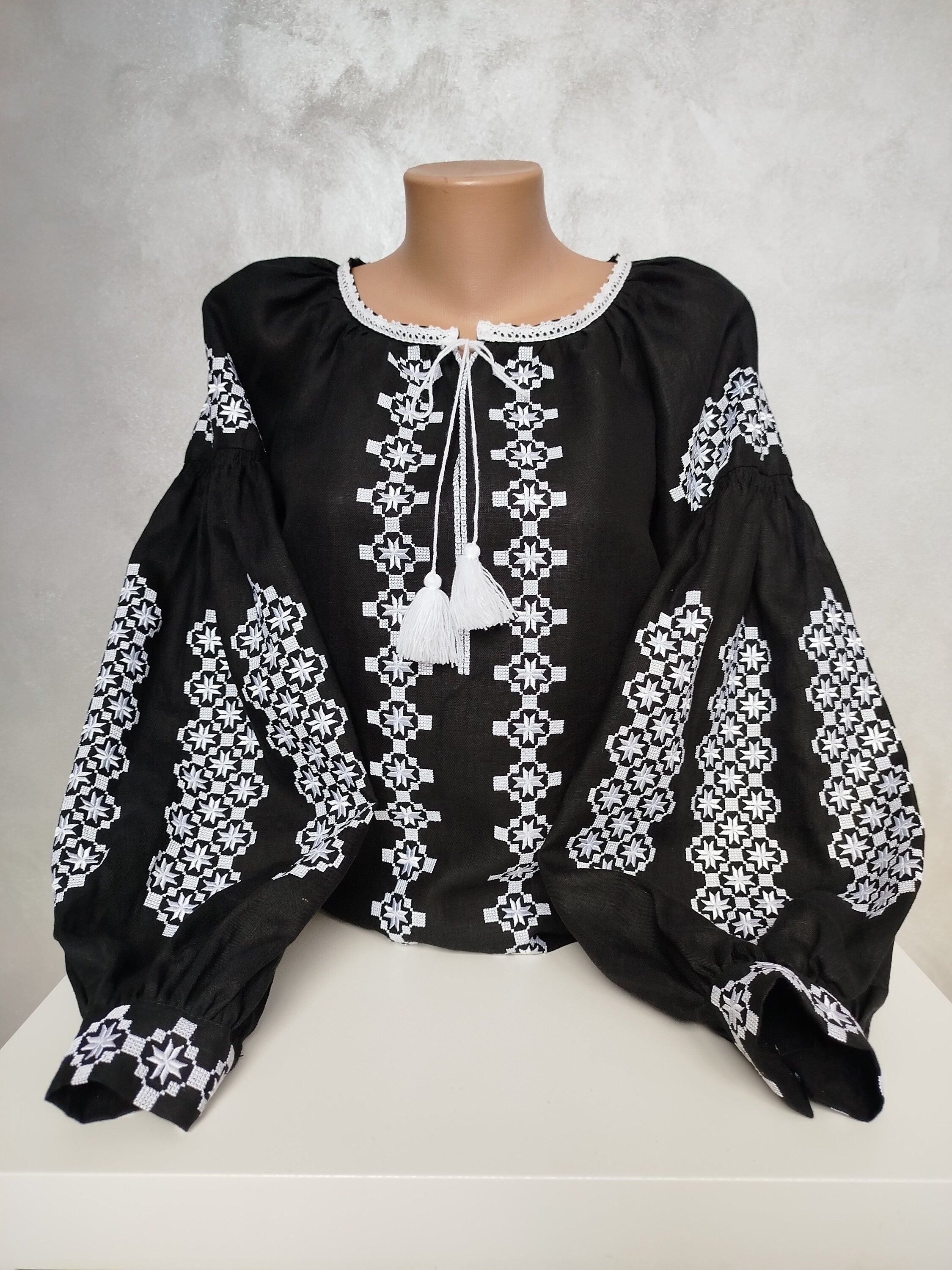 Women's Ukrainian Vyshyvanka, black homespun fabric with white embroidery, traditional blouse, machine cross-stitch silk threads.
