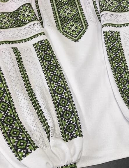 Women's Ukrainian vyshyvanka cotton embroidered shirt with green and black traditional Carpathian motif, machine-stitched.