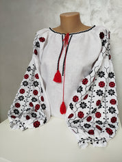 Women's Ukrainian Vyshyvanka, embroidered linen shirt with traditional red and black folk ornaments, custom-made for perfect fit.