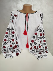 Women's Ukrainian Vyshyvanka - Embroidered linen shirt with red and black traditional motifs.