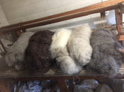 Piles of natural sheep wool in various colors ready for hand knitting on a wooden bench.