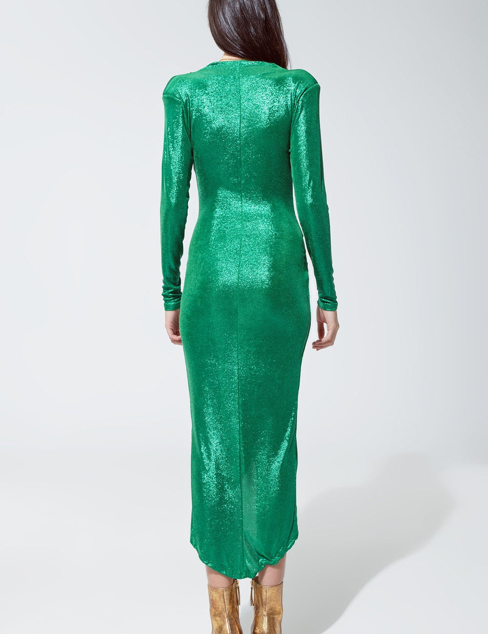 Back view of Selvanna Wrapped Metallic Gown in shimmering green with long sleeves and bodycon silhouette for a glamorous look.
