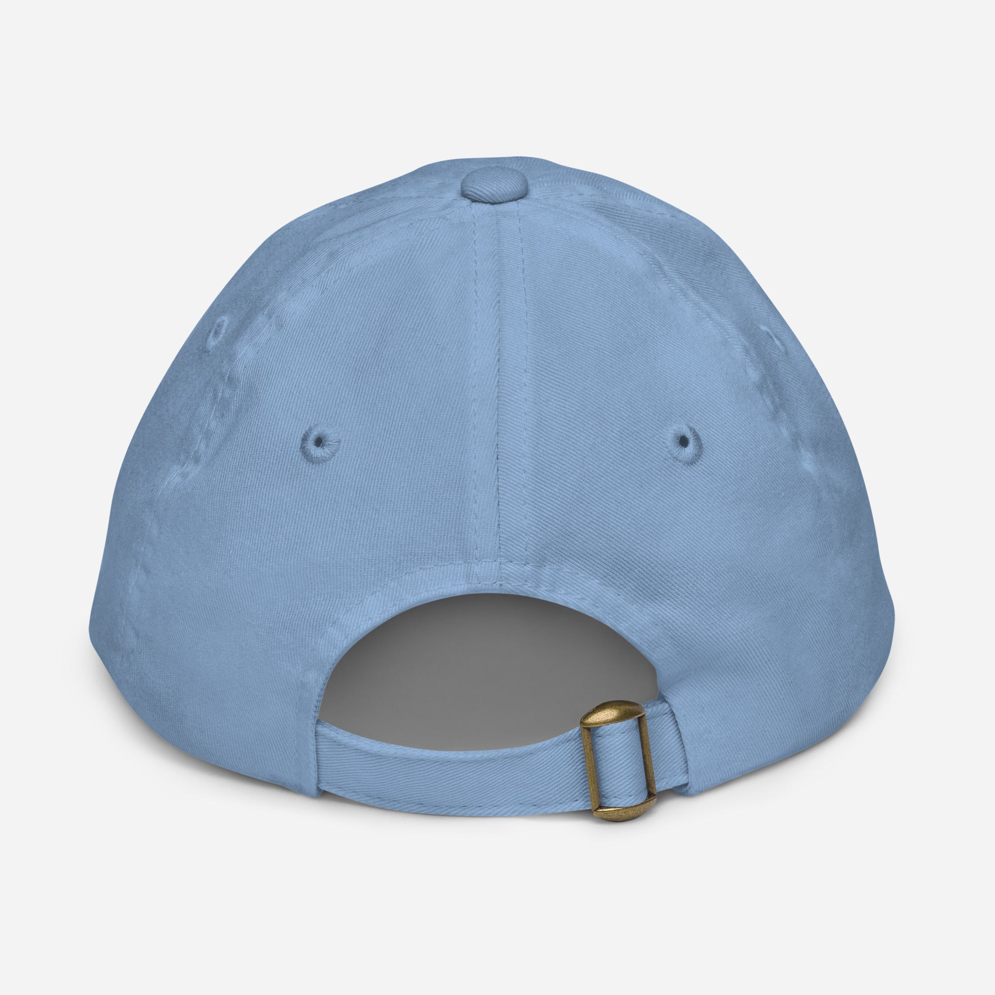 Back view of blue youth baseball cap with adjustable strap and eyelets for ventilation, made from bio-washed chino cotton twill.