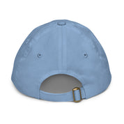 Back view of a light blue youth baseball cap with adjustable strap and ventilation eyelets, ideal for active kids.