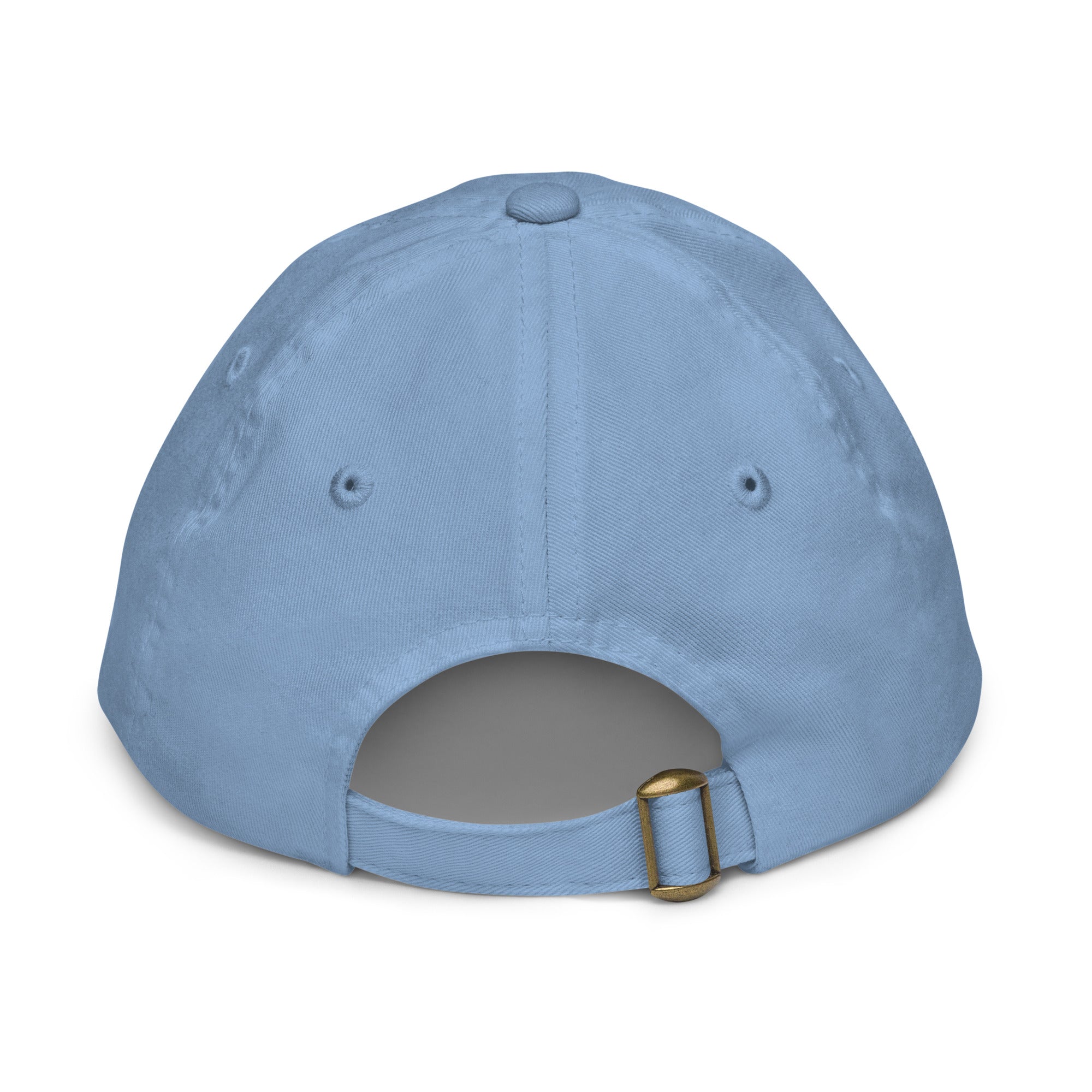 Back view of a light blue youth baseball cap with adjustable strap and ventilation eyelets, ideal for active kids.