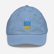 Blue youth baseball cap with Ukrainian Tryzub emblem, breathable and adjustable for active kids. Ideal for sports and everyday wear.