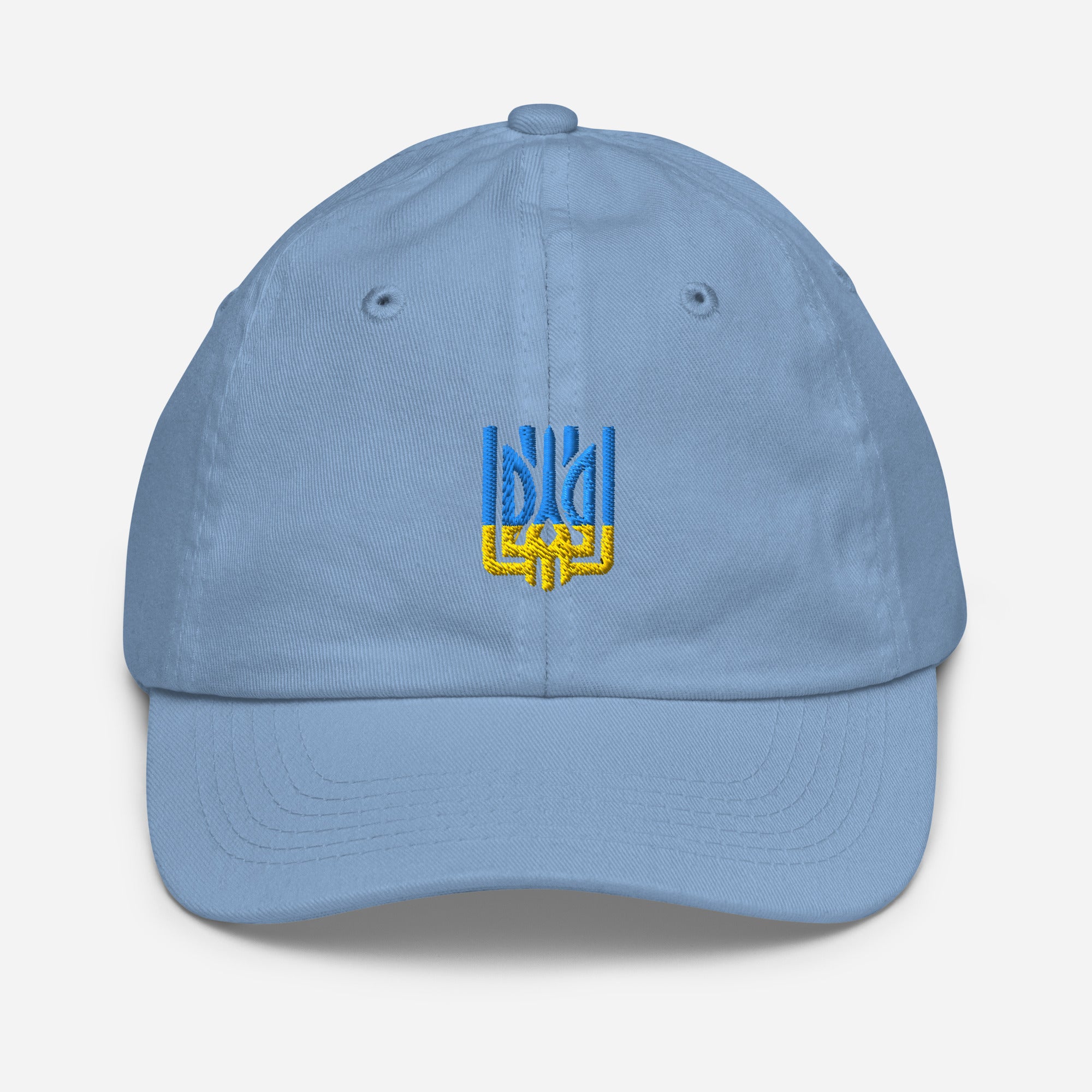 Blue youth baseball cap with Ukrainian Tryzub emblem, breathable and adjustable for active kids. Ideal for sports and everyday wear.