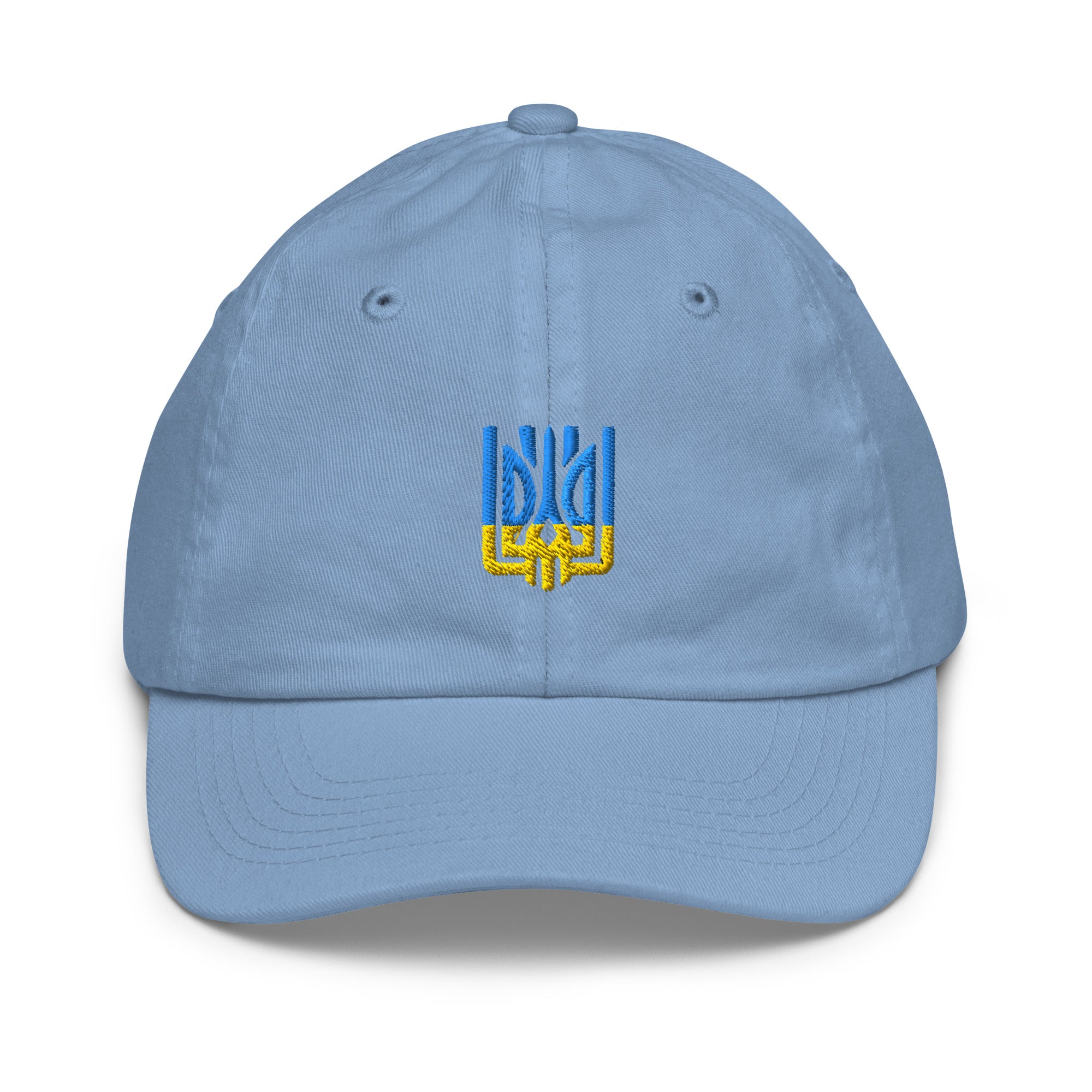 Youth baseball cap with Ukrainian Tryzub, blue, breathable chino cotton, adjustable strap, perfect for active kids.