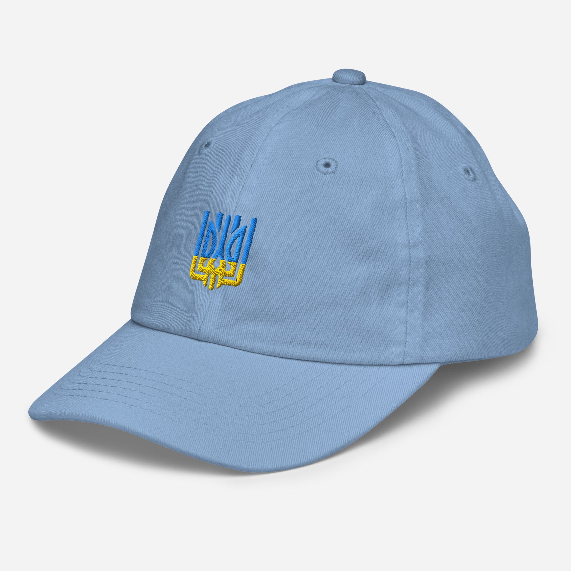 Youth baseball cap with Ukrainian Tryzub emblem, blue, made from breathable cotton, adjustable strap, ideal for active kids and outdoor wear