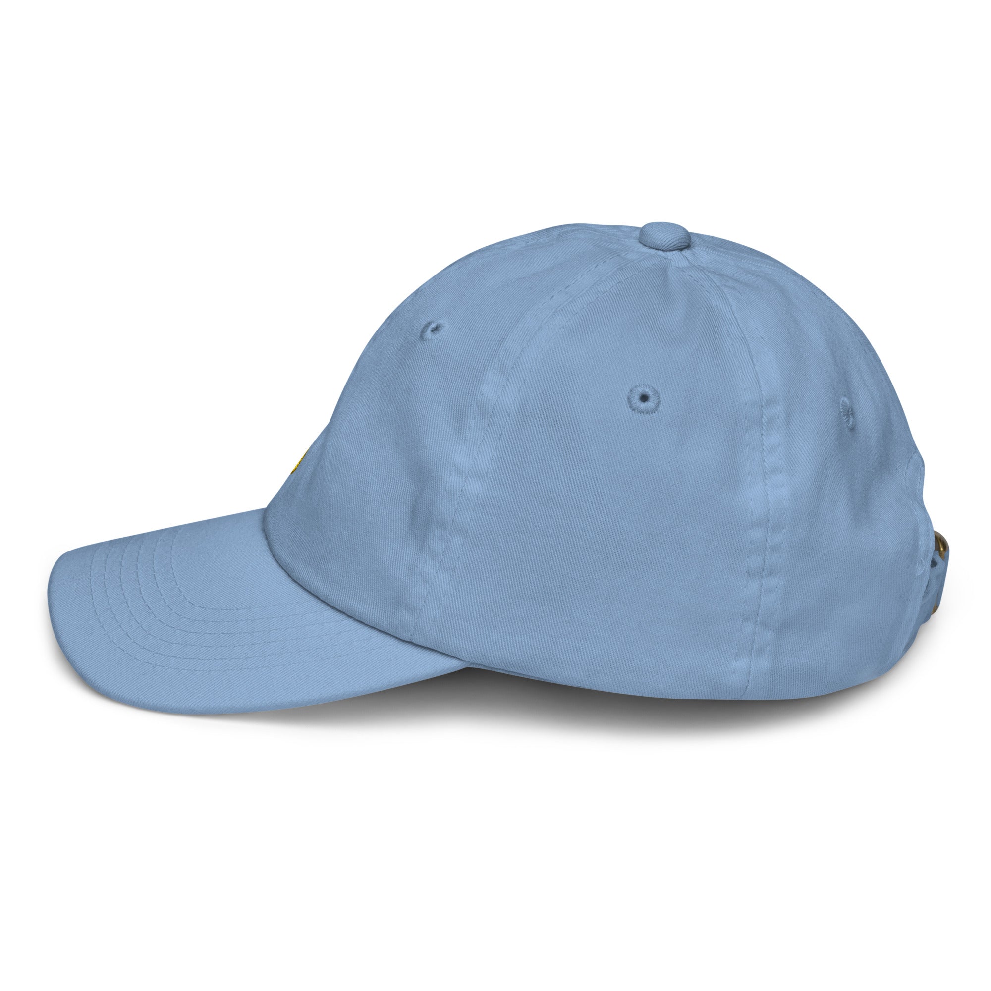 Light blue youth baseball cap with Ukrainian Tryzub emblem, featuring adjustable fit and breathable eyelets for active kids.