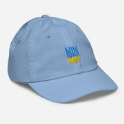 Youth baseball cap with Ukrainian Tryzub emblem, breathable and adjustable, ideal for active kids. Made from bio-washed chino cotton twill.