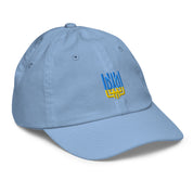 Light blue youth baseball cap with Ukrainian Tryzub emblem, breathable cotton, adjustable fit, perfect for active kids and outdoor activities.