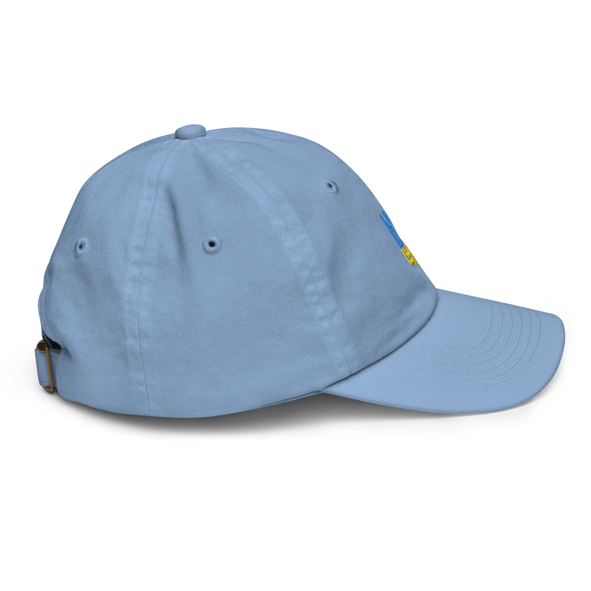 Youth baseball cap with Ukrainian Tryzub, breathable blue cotton with adjustable strap, perfect for active kids.