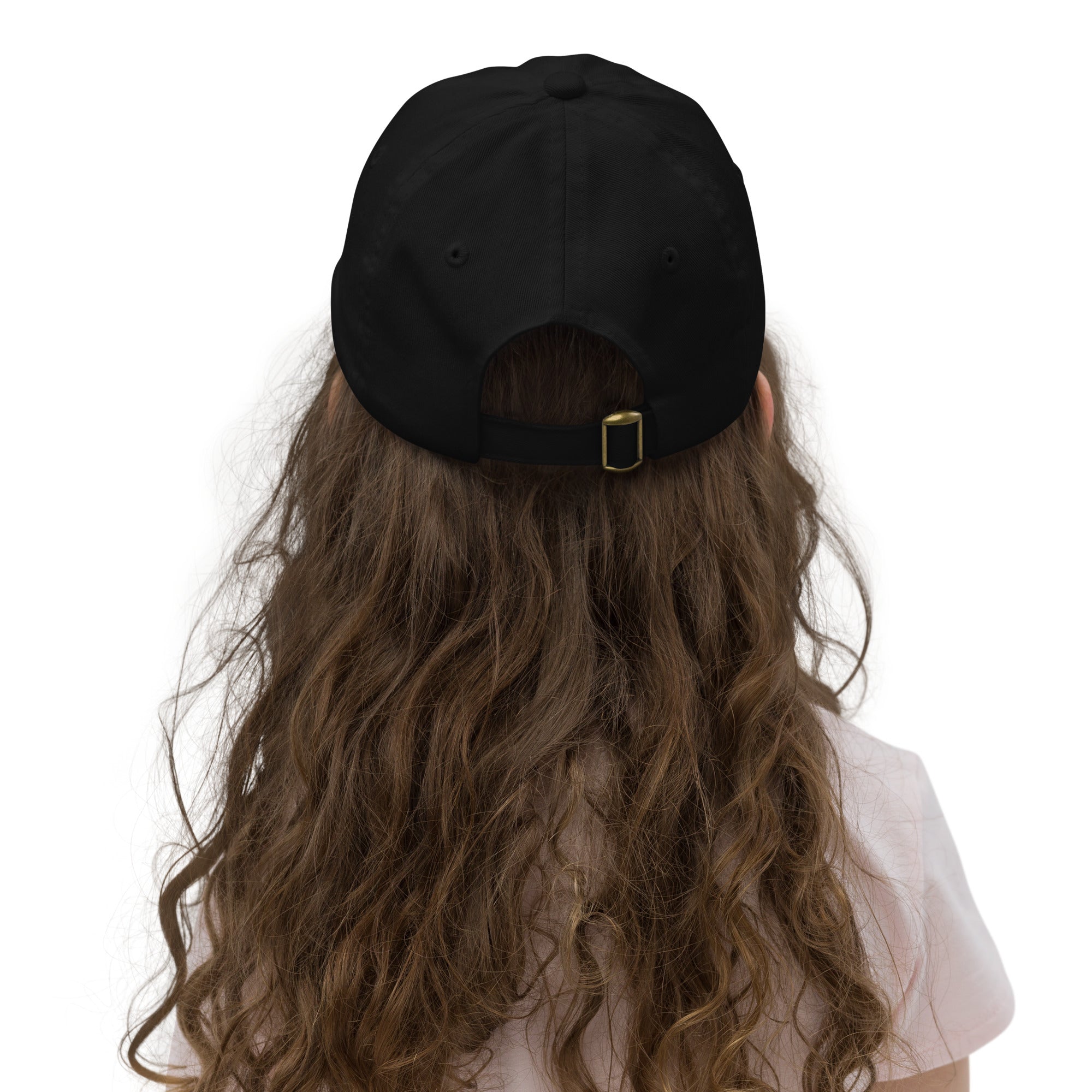 Back view of youth wearing a breathable black baseball cap with adjustable strap, ideal for sports and outdoor activities.