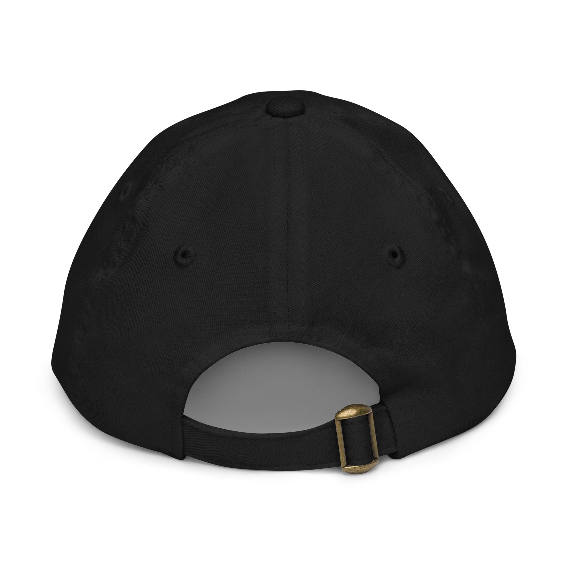 Back view of youth baseball cap featuring adjustable strap and eyelets for breathability, made from durable bio-washed chino cotton twill.