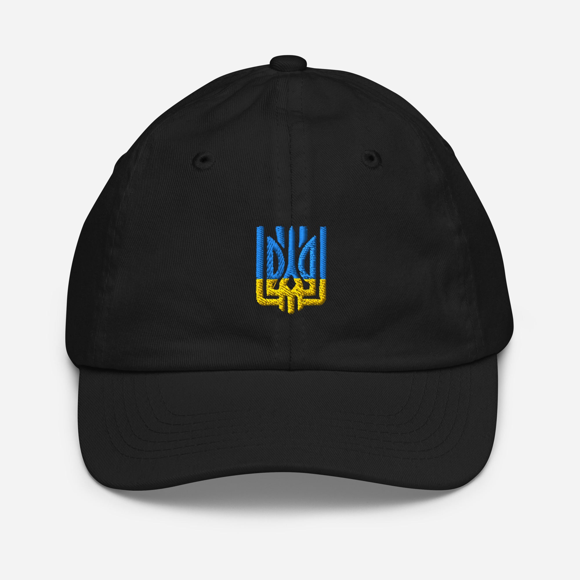 Youth baseball cap with Ukrainian Tryzub emblem, breathable and adjustable design for active kids, in black chino cotton twill.